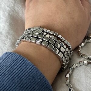 Marilyn Schiff Silver Cube Bead Bracelet Set OS Geometric Minimalist Stackable